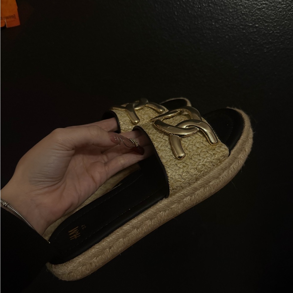Gold Chain Accent Espadrille Slide Sandals